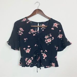 Cropped Floral Blouse Lydelle Black Flutter Short Sleeve Drawstring Keyhole Sm